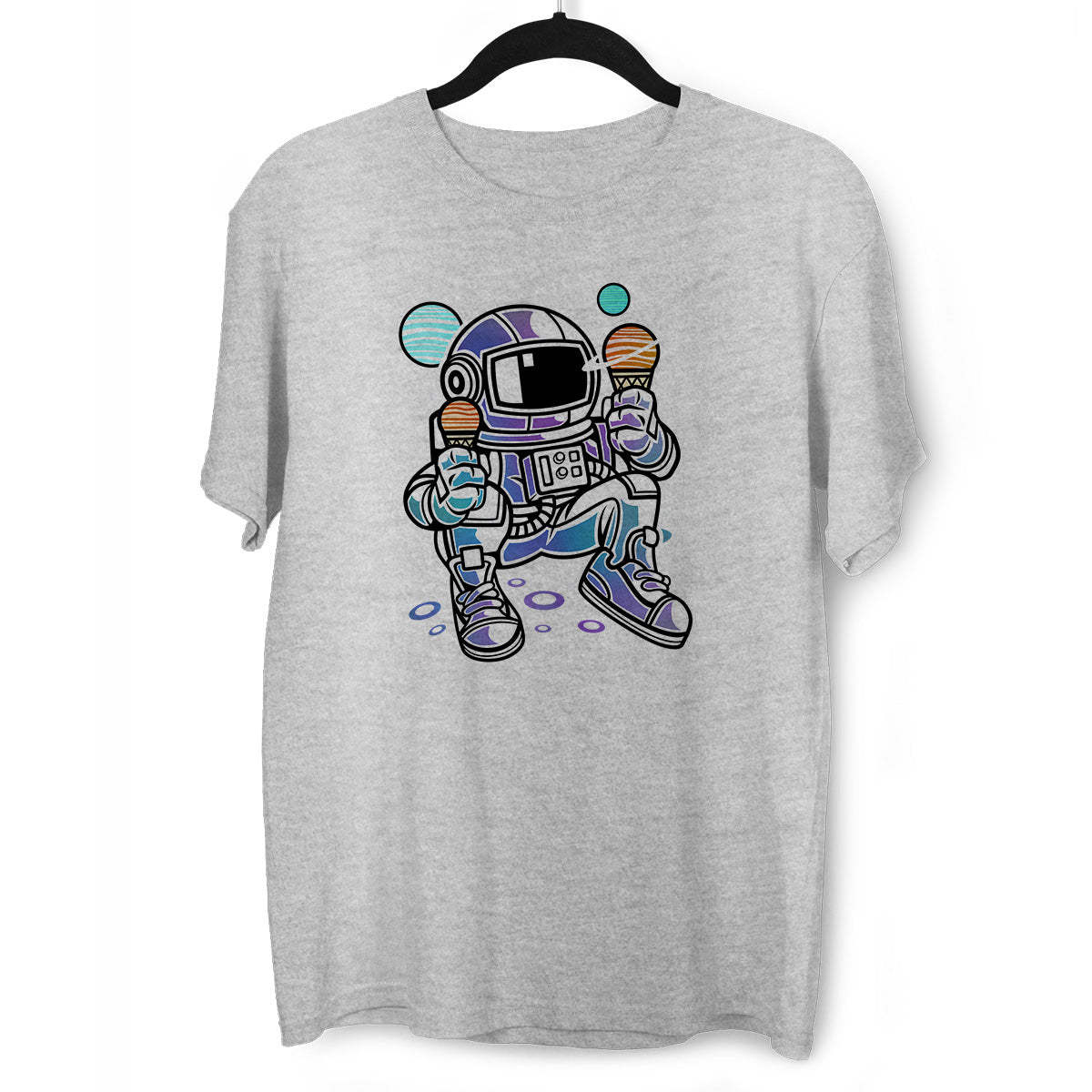 Retro Astronaut with Ice Cream Planets Unisex Nostalgia White Black & Grey T-shirt - Kuzi Tees