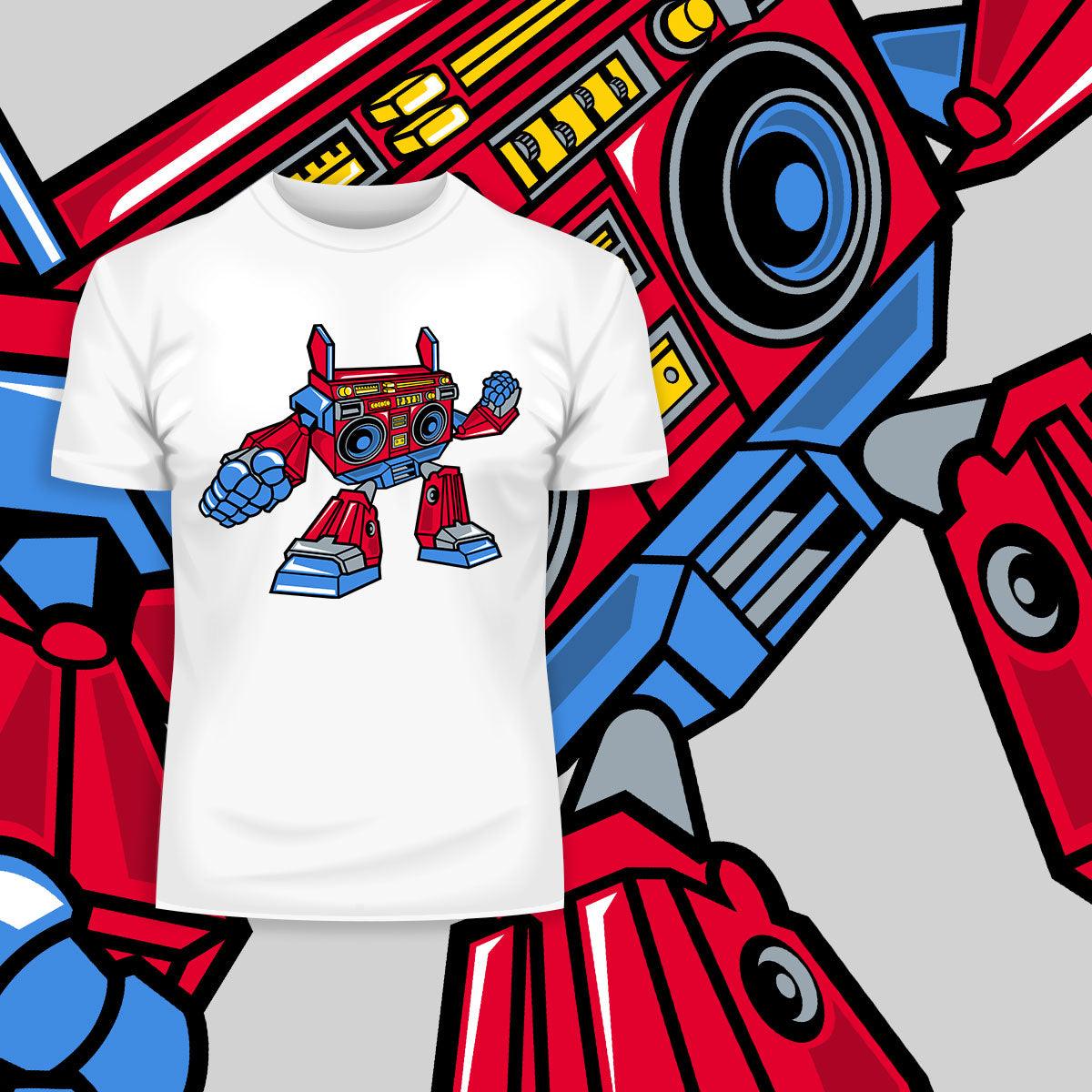 BoomBox Retro Vintage Robot Cassette Player Music Nostalgia White Black & Grey T-shirt - Kuzi Tees