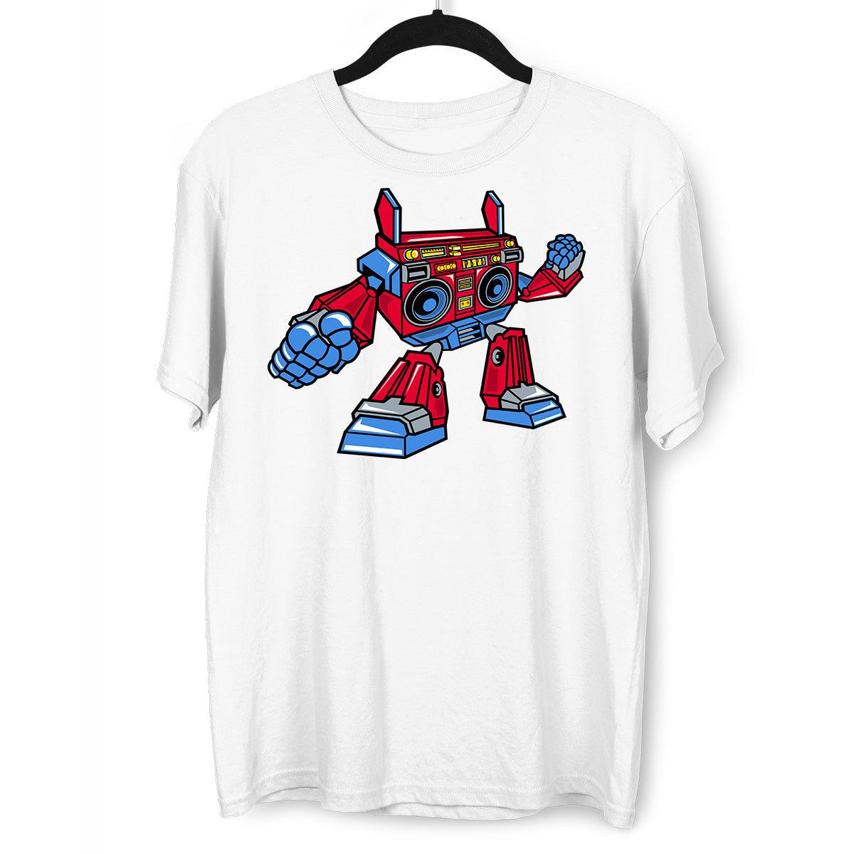 BoomBox Retro Vintage Robot Cassette Player Music Nostalgia White Black & Grey T-shirt - Kuzi Tees