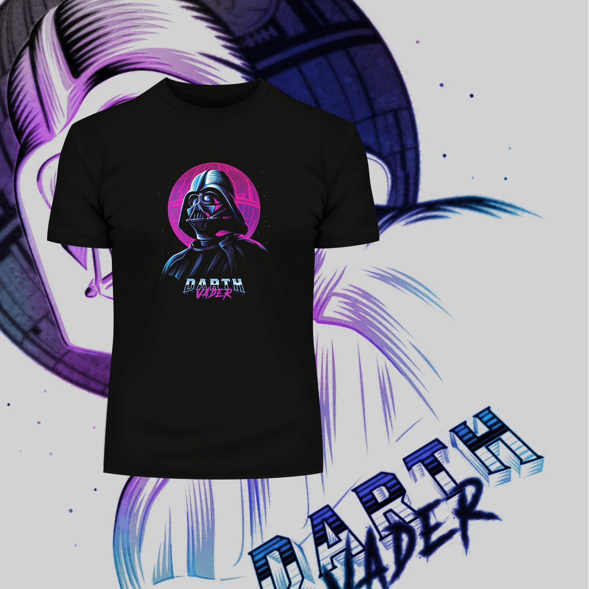 Amazing Darth Vader and a Death Star Movie Crew Neck Neon Punk Retro Black t shirt - Kuzi Tees
