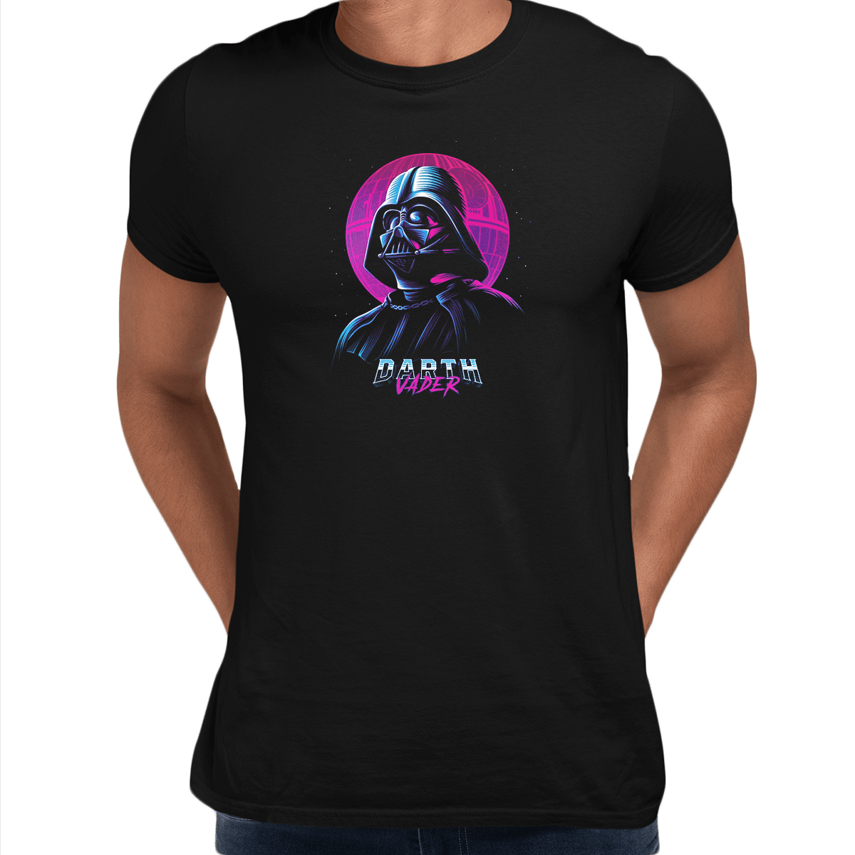 Amazing Darth Vader and a Death Star Movie Crew Neck Neon Punk Retro Black t shirt - Kuzi Tees