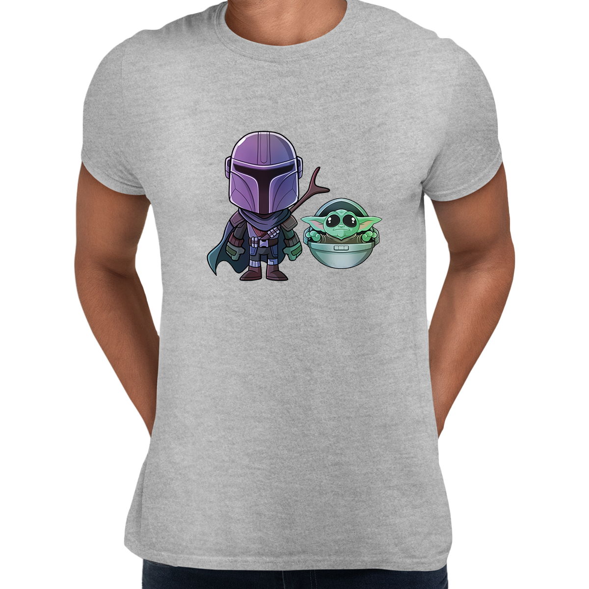 Star Wars Movie Mandalorian & Baby Yoda Black White Crew Neck t shirt - Kuzi Tees