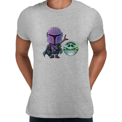 Star Wars Movie Mandalorian & Baby Yoda Black White Crew Neck t shirt - Kuzi Tees