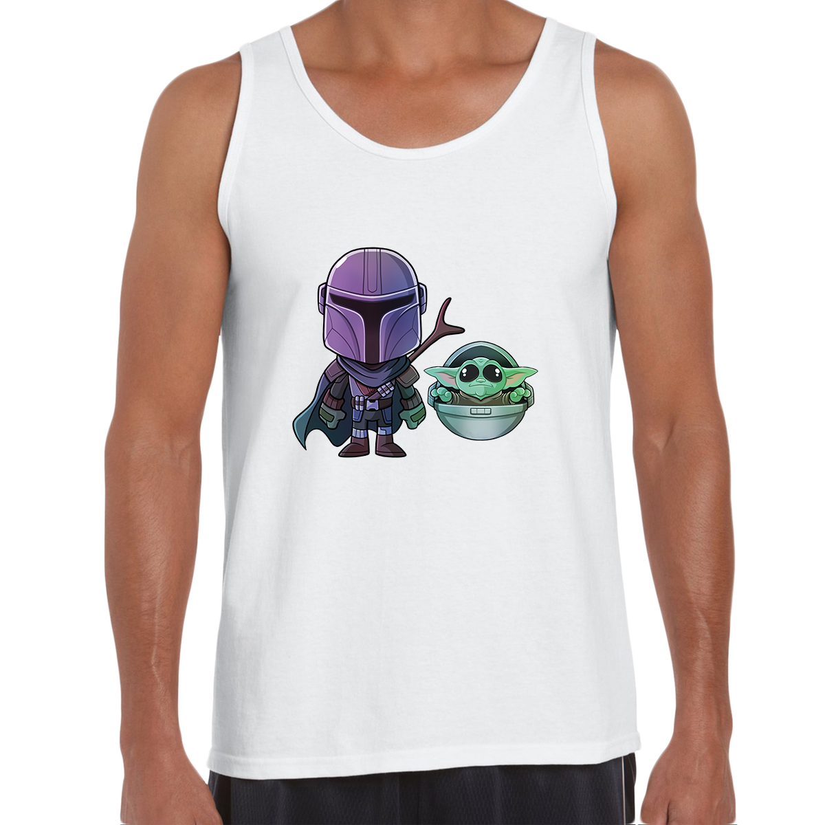 Star Wars Tank Top Mandalorian & Baby Yoda Movie Black White - Kuzi Tees