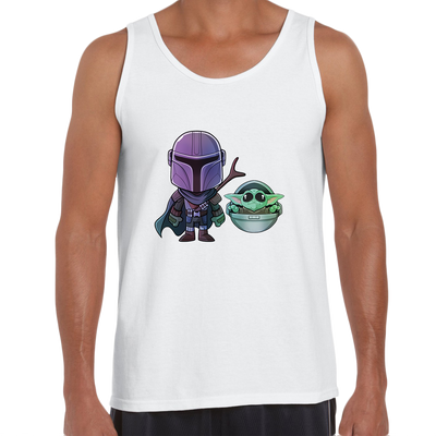 Star Wars Tank Top Mandalorian & Baby Yoda Movie Black White - Kuzi Tees
