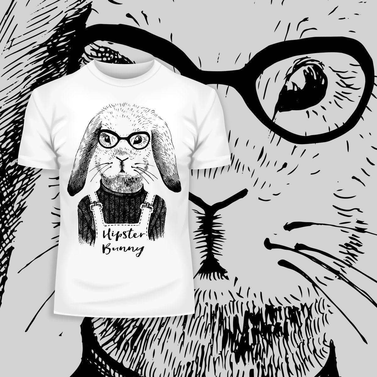 Funny Hipster Bunny Hand Drawn Animal T-shirt Available in Grey White & Black - Kuzi Tees