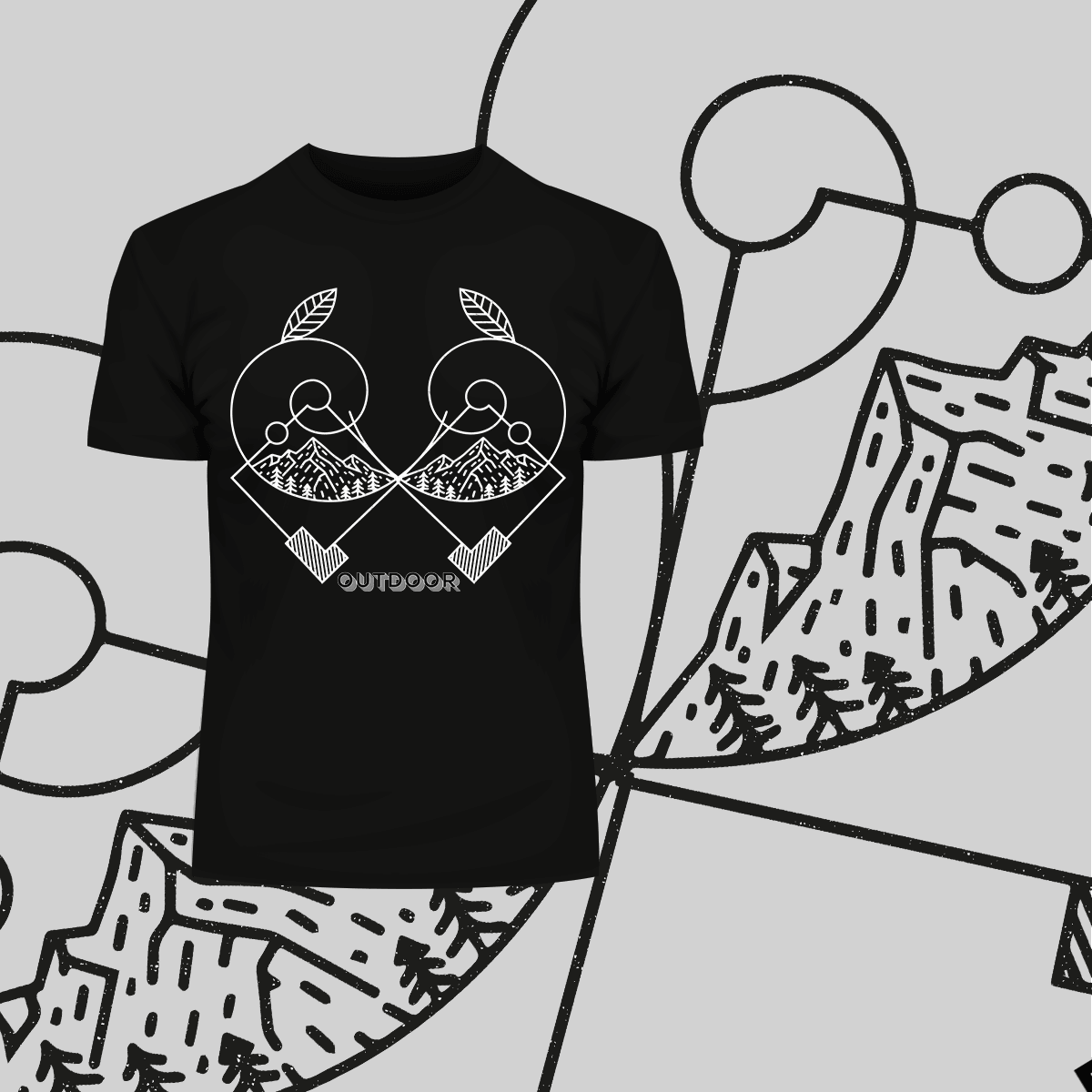 Great Outdoors Mountains Minimal One Line Drawing Crew Neck T-Shirt - Kuzi Tees