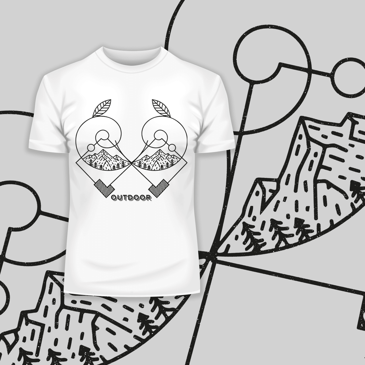Great Outdoors Mountains Minimal One Line Drawing Crew Neck T-Shirt - Kuzi Tees