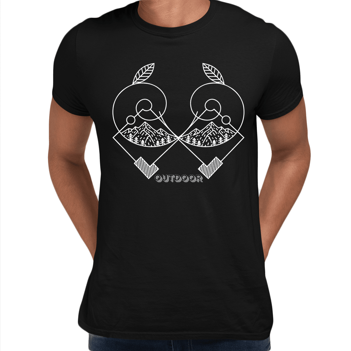 Great Outdoors Mountains Minimal One Line Drawing Crew Neck T-Shirt - Kuzi Tees