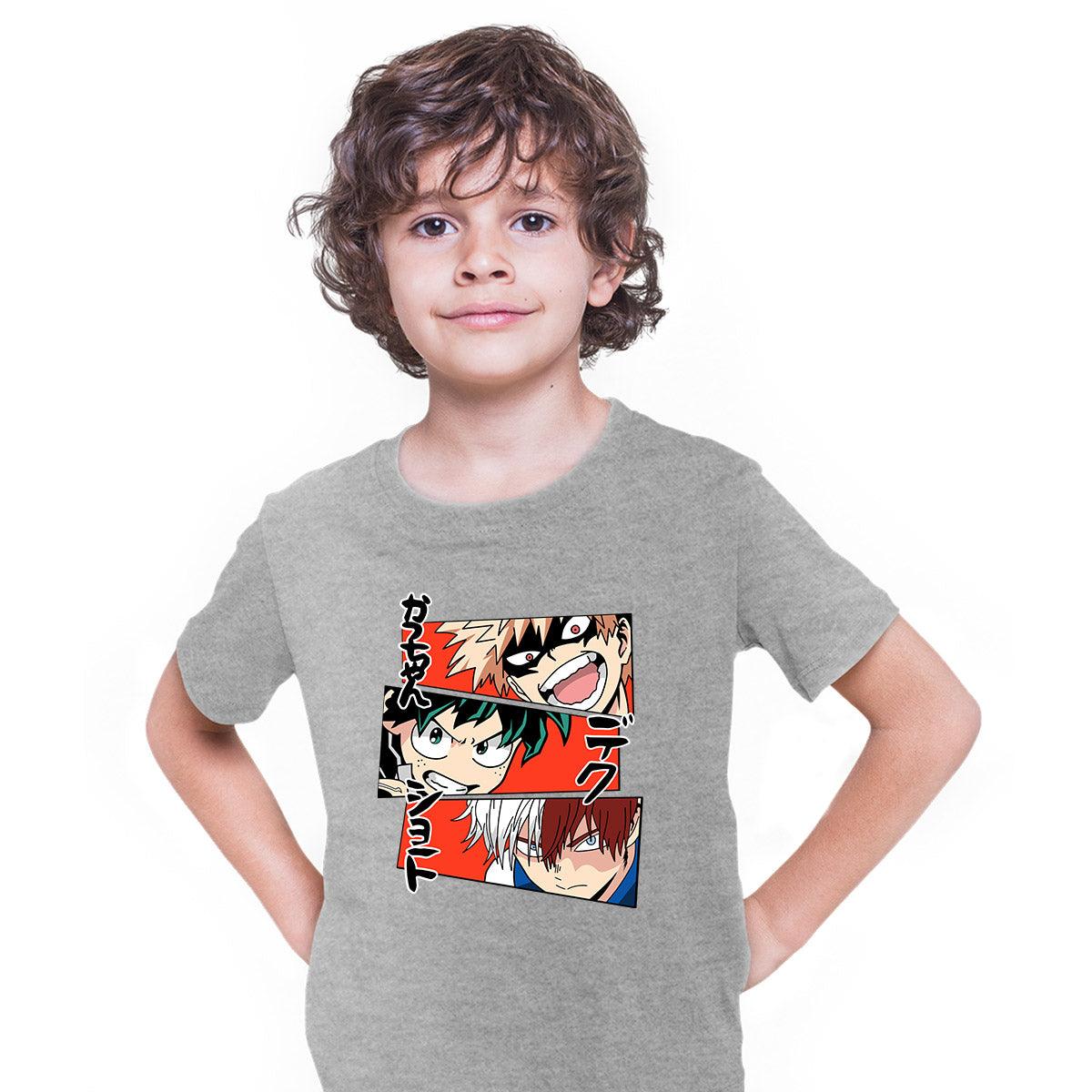 Anime My Hero Academia Katsuki Bakugo Midoriya Izuku And Shoto Todoroki T-shirt Anime Manga Kids T-shirt Grey