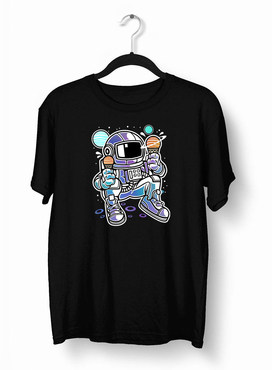 Retro Astronaut with Ice Cream Planets Unisex Nostalgia White Black & Grey T-shirt - Kuzi Tees