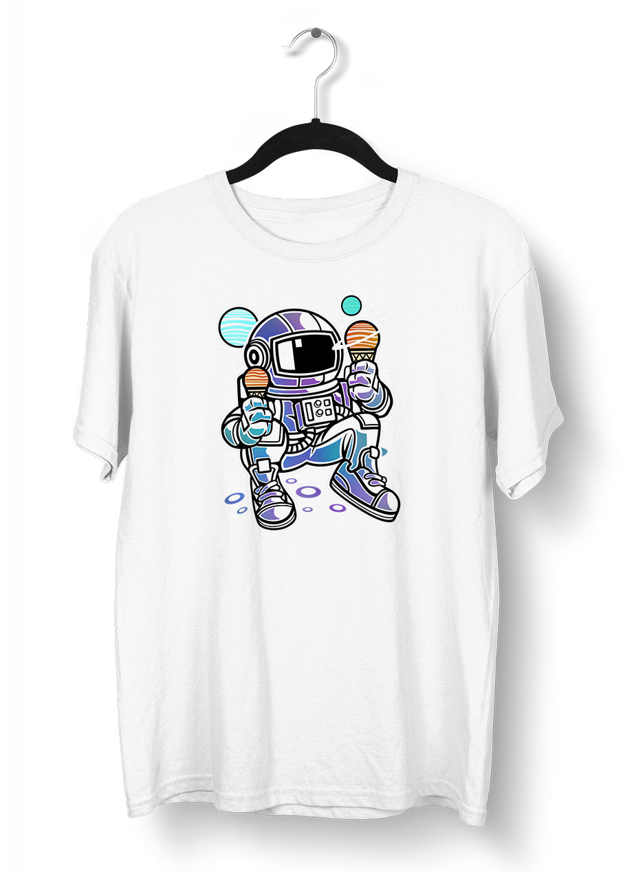 Retro Astronaut with Ice Cream Planets Unisex Nostalgia White Black & Grey T-shirt - Kuzi Tees
