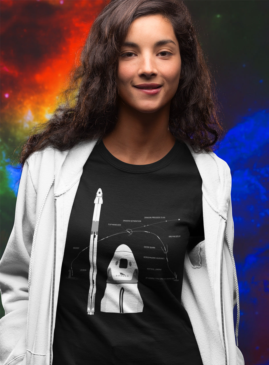 NASA SpaceX Falcon 9 Dragon Launch & Land - Black T-shirt for Space Geeks 2020 - Kuzi Tees