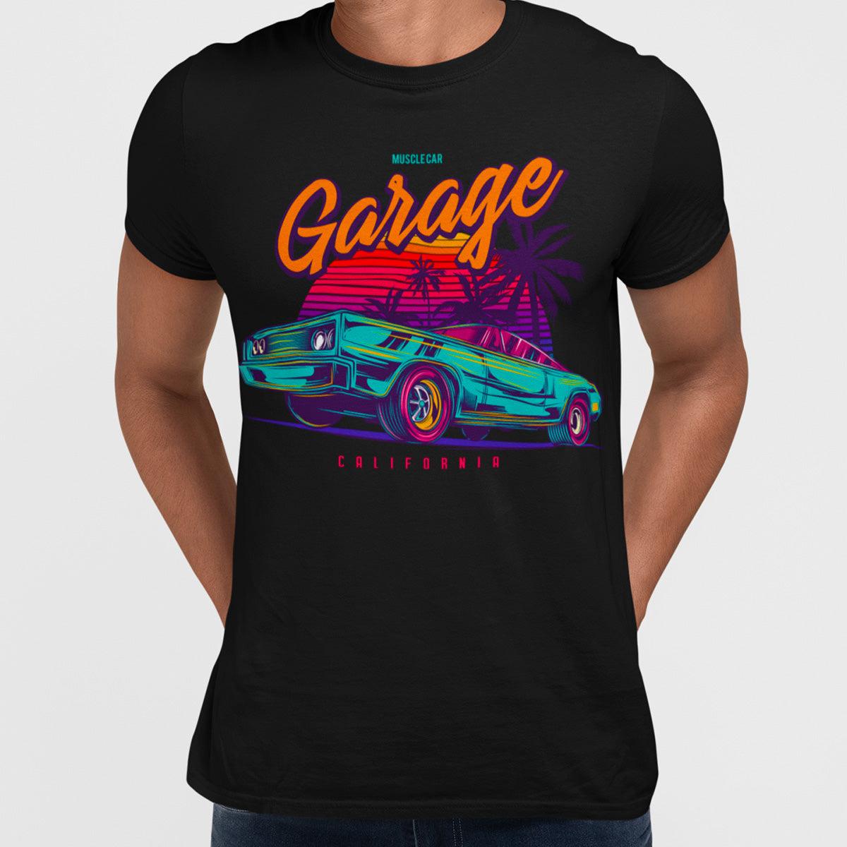 An American muscle car in retro neon style - Garage California - Kuzi Tees