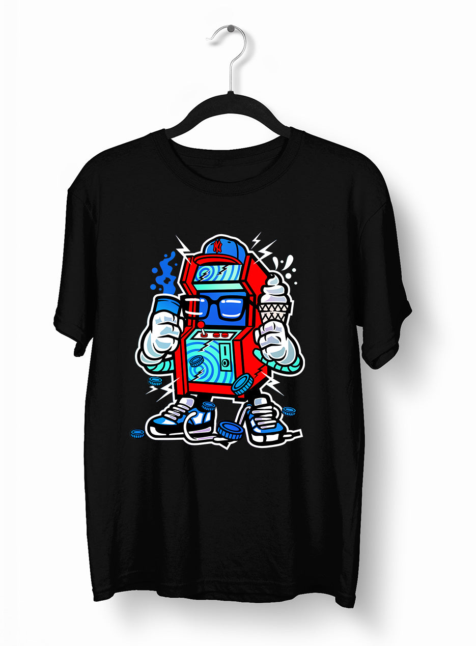 Retro 8-Bit Arcade Cabinet with Ice cream Nostalgia 80's Shirt White Black & Grey Tee - Kuzi Tees