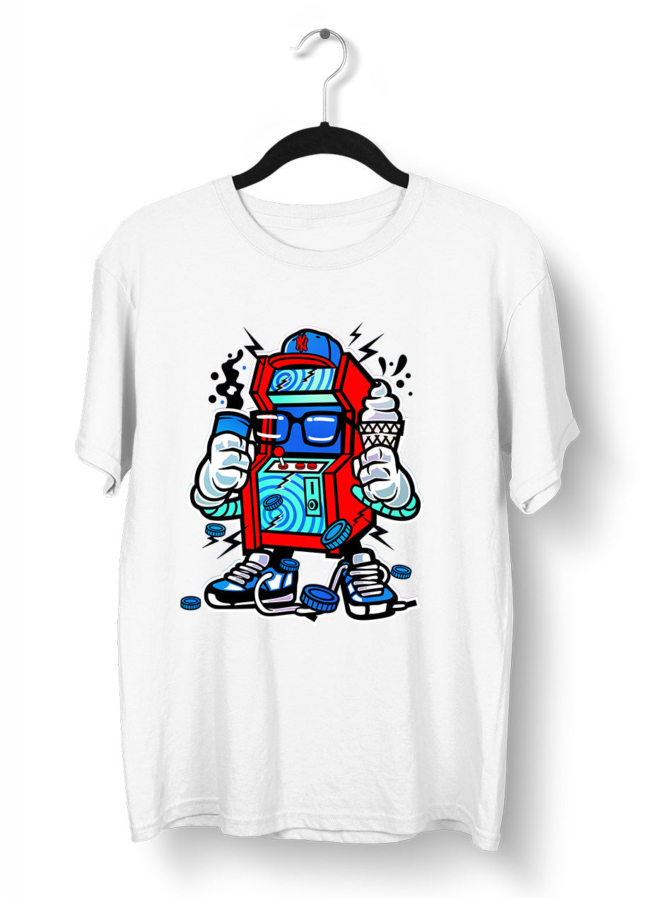 Retro 8-Bit Arcade Cabinet with Ice cream Nostalgia 80's Shirt White Black & Grey Tee - Kuzi Tees