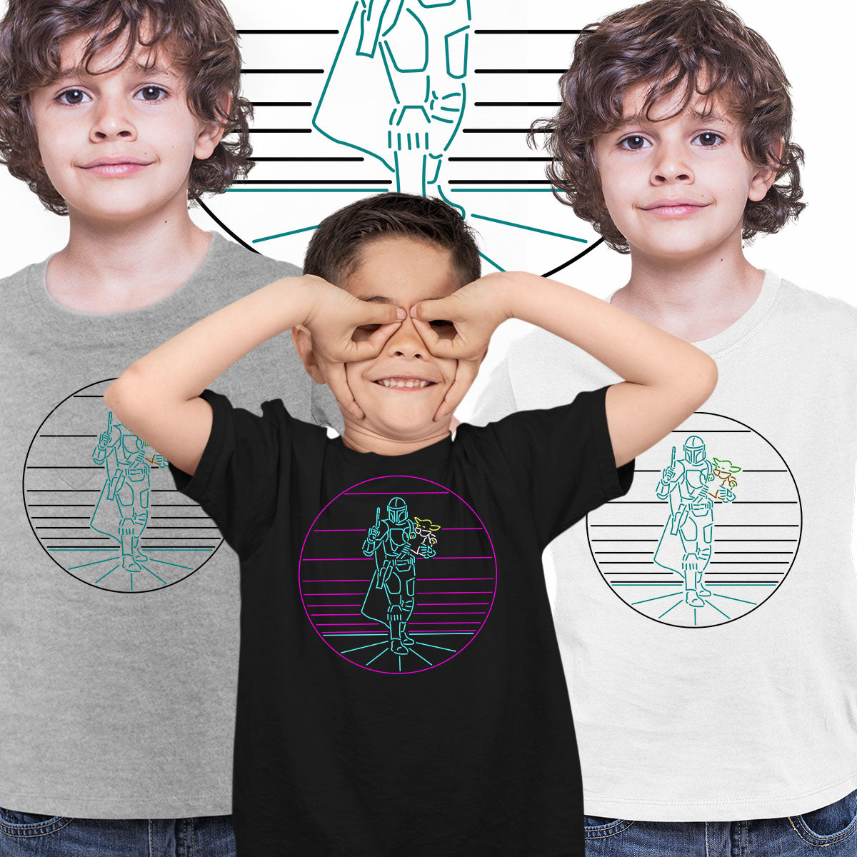 Mando & Grogu Neon Nostalgia Line Design Star wars Kids T-shirt - Kuzi Tees