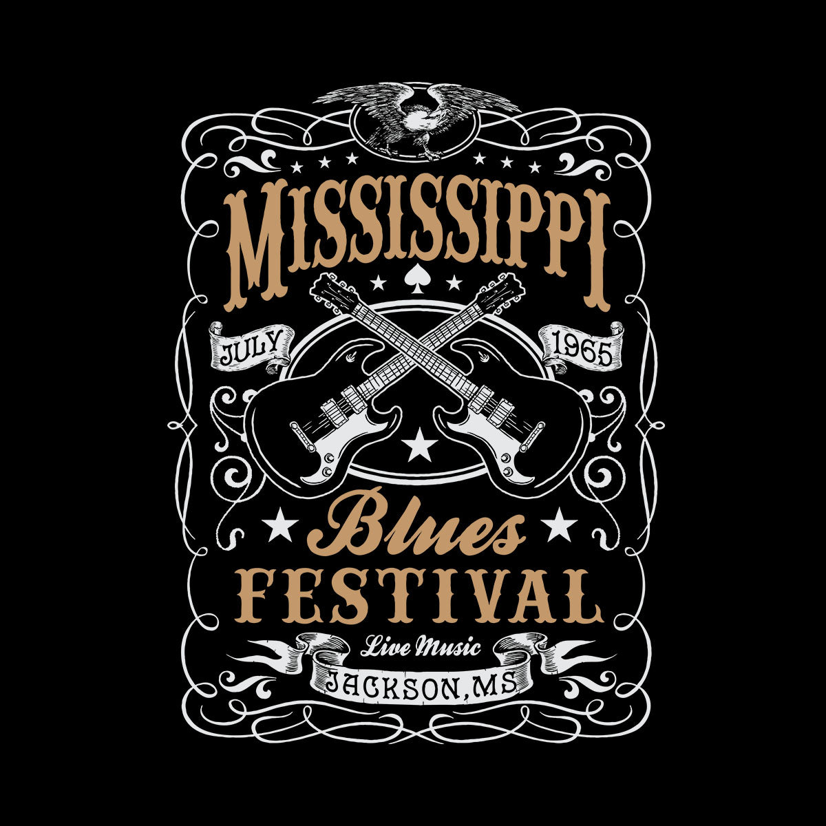 Mississippi Blues Festival 65 Retro Indie Blues Vintage Graphic Print Crew Neck Typography Unisex T-shirt - Kuzi Tees