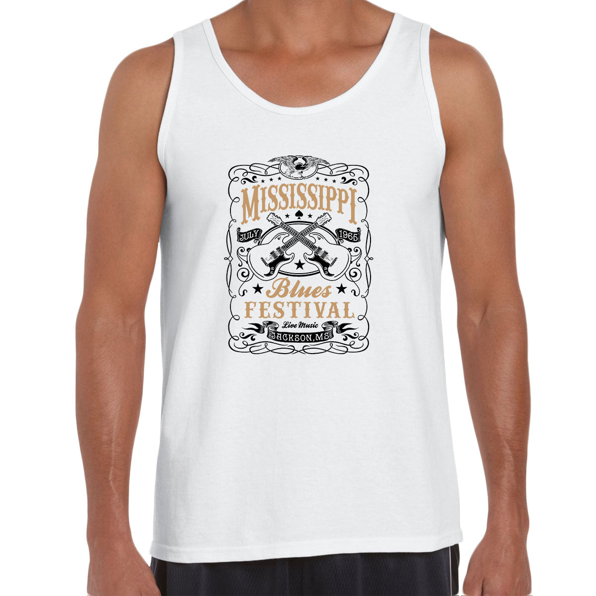 Mississippi Blues Festival 65 Retro Indie Blues Vintage Graphic Print Typography Unisex Tank Top - Kuzi Tees