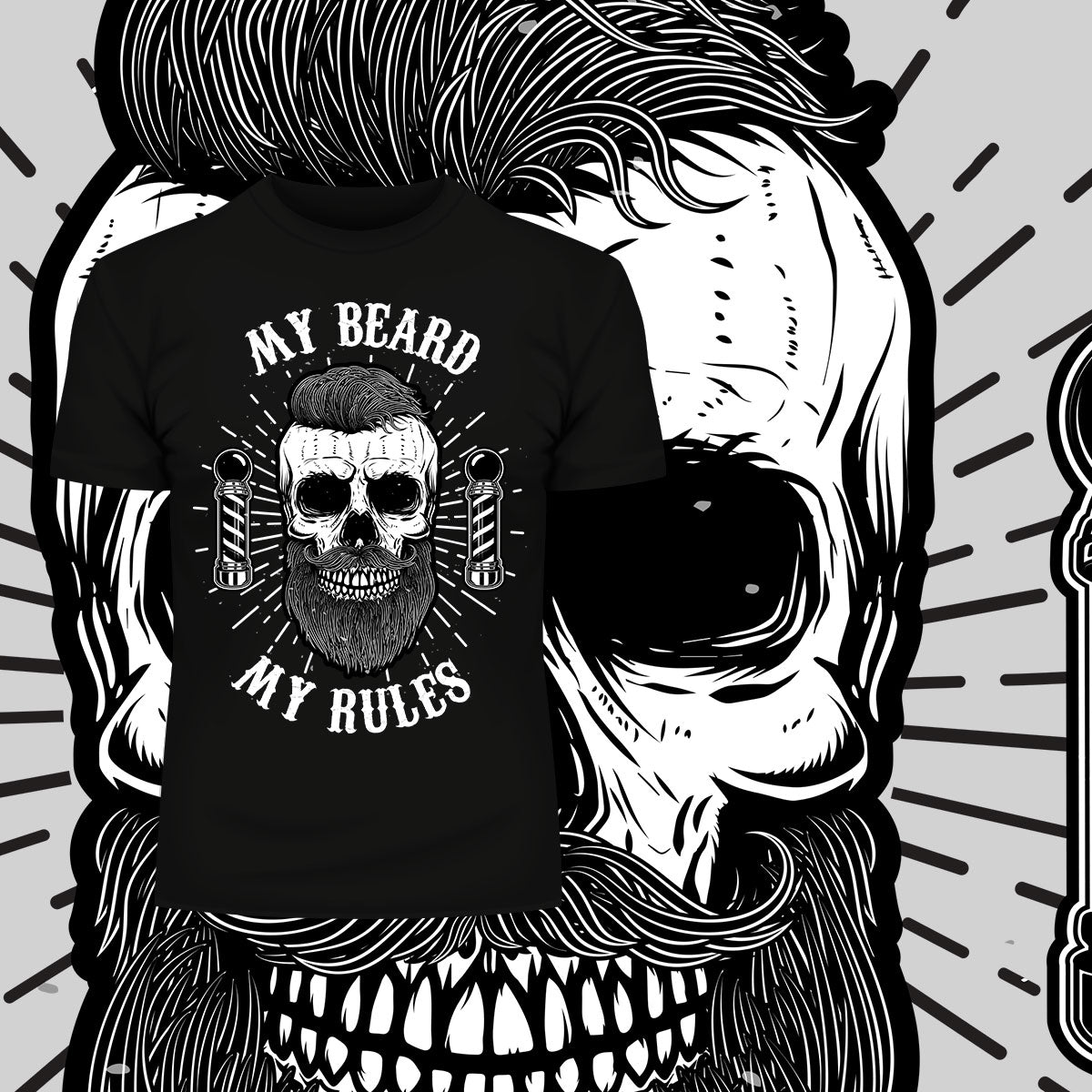 My Beard My Rules Cool Hipster Skull Mens Black White & Grey T-shirt - Kuzi Tees