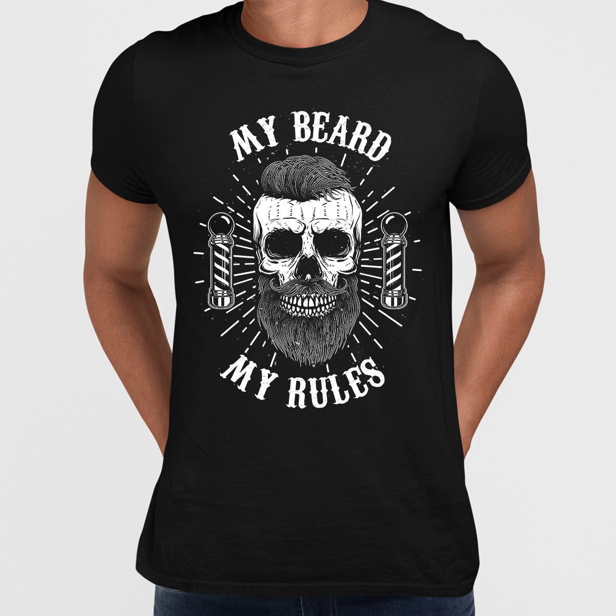 My Beard My Rules Cool Hipster Skull Mens Black White & Grey T-shirt - Kuzi Tees