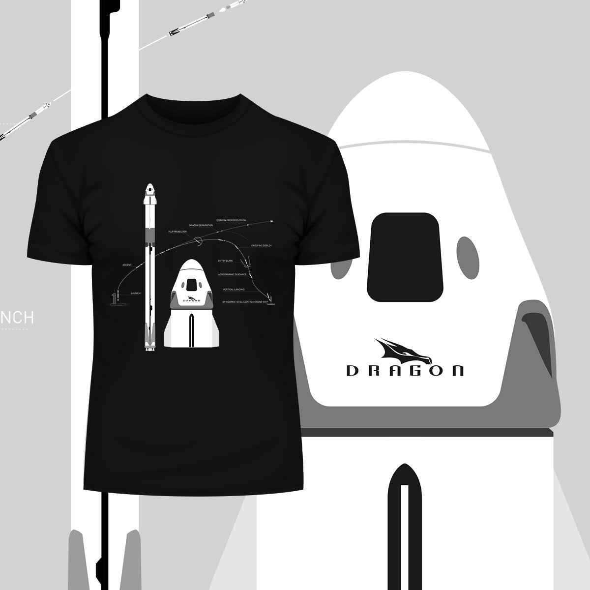 NASA SpaceX Falcon 9 Dragon Launch & Land - Black T-shirt for Space Geeks 2020 - Kuzi Tees