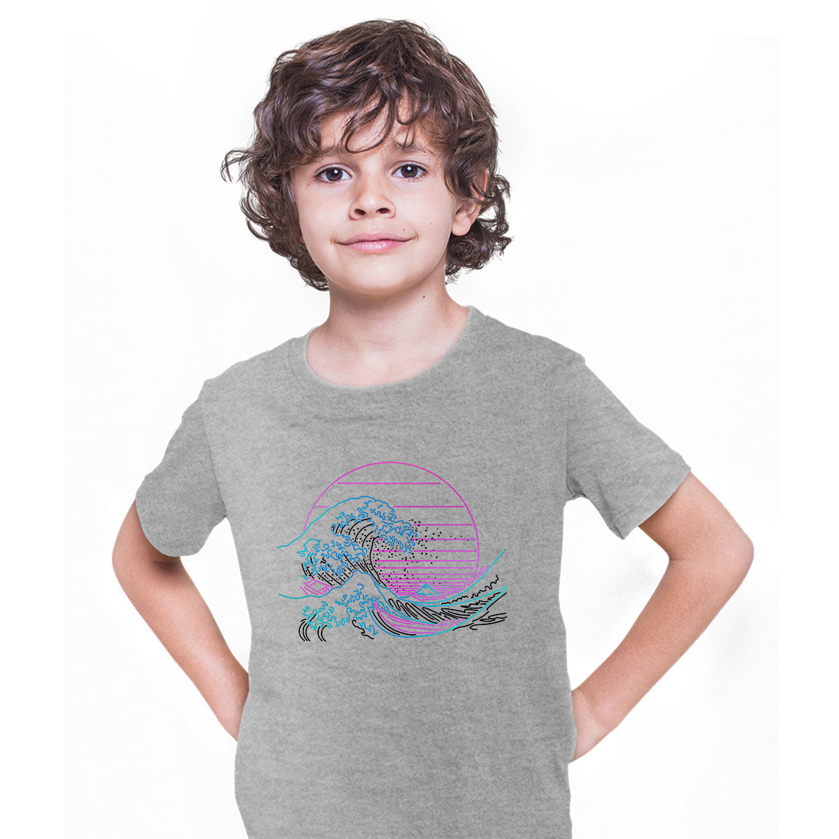 Japan art The Great Wave off Kanagawa Retro Neon Cyberpunk Crew Neck T-shirt for Kids - Kuzi Tees