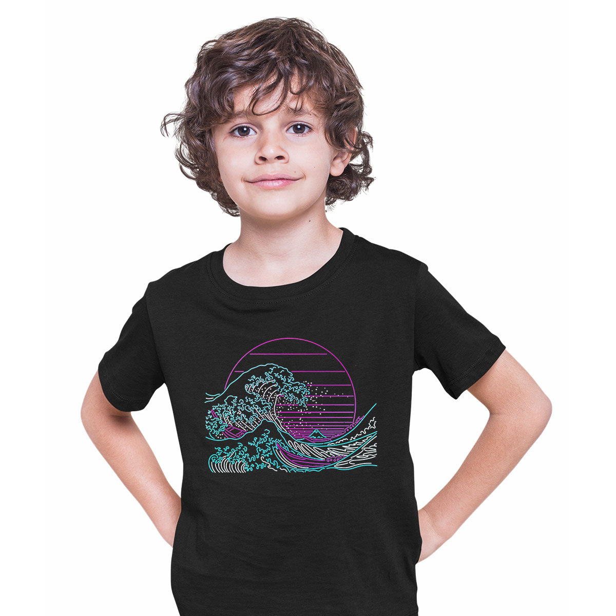 Japan art The Great Wave off Kanagawa Retro Neon Cyberpunk Crew Neck T-shirt for Kids - Kuzi Tees