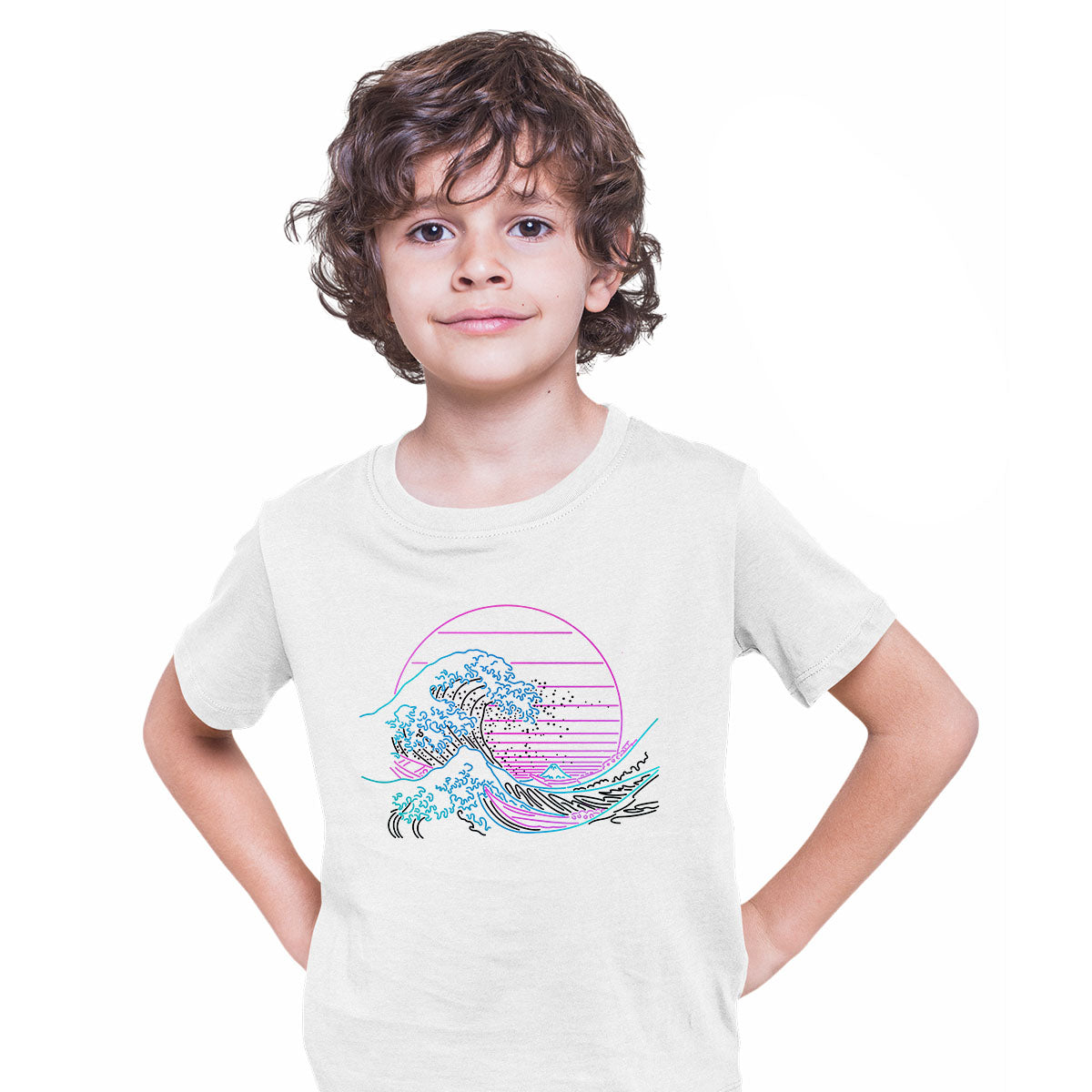 Japan art The Great Wave off Kanagawa Retro Neon Cyberpunk Crew Neck T-shirt for Kids - Kuzi Tees