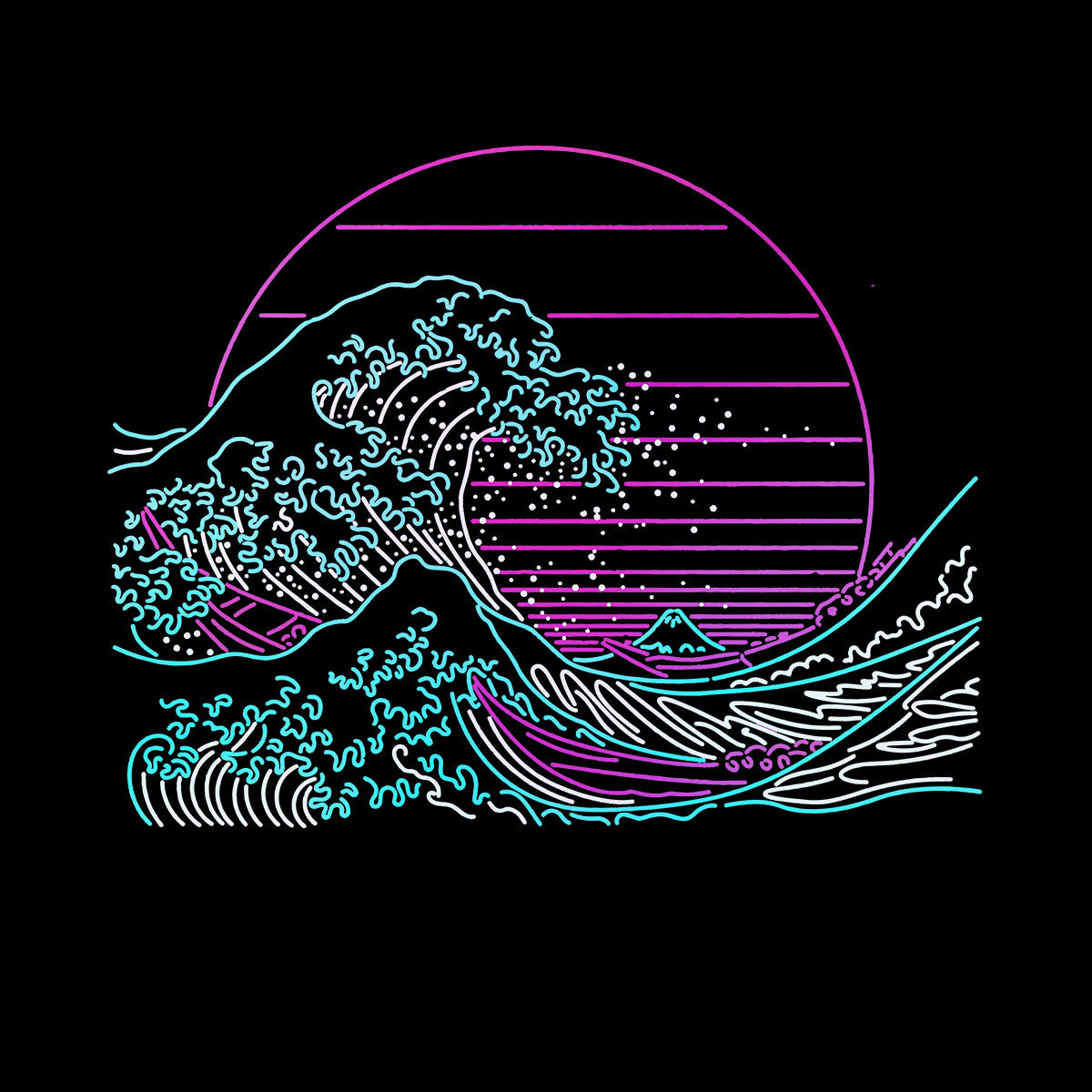 Japan art The Great Wave off Kanagawa Retro Neon Cyberpunk Crew Neck Typography Unisex T-shirt - Kuzi Tees