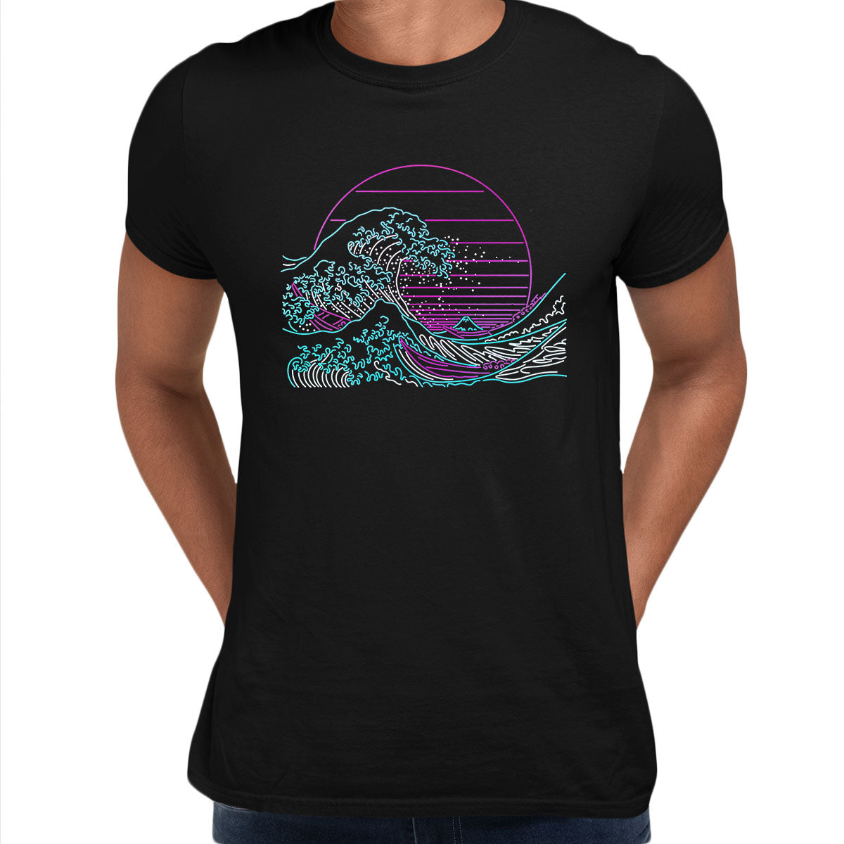 Japan art The Great Wave off Kanagawa Retro Neon Cyberpunk Crew Neck Typography Unisex T-shirt - Kuzi Tees