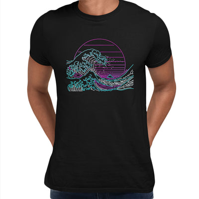 Japan art The Great Wave off Kanagawa Retro Neon Cyberpunk Crew Neck Typography Unisex T-shirt - Kuzi Tees