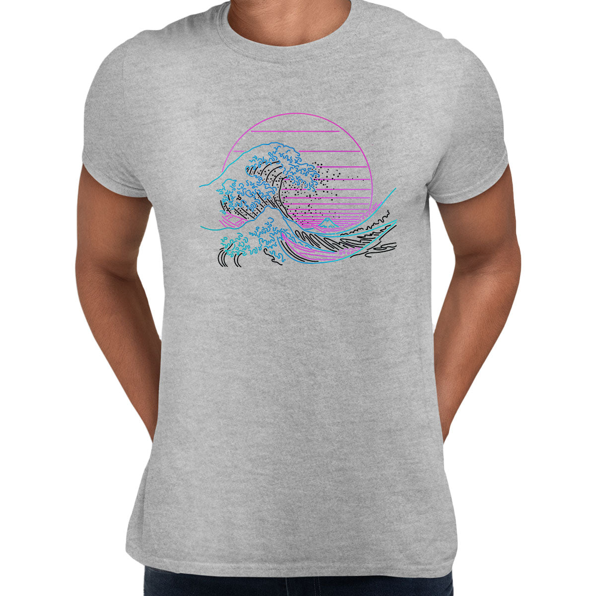 Japan art The Great Wave off Kanagawa Retro Neon Cyberpunk Crew Neck Typography Unisex T-shirt - Kuzi Tees