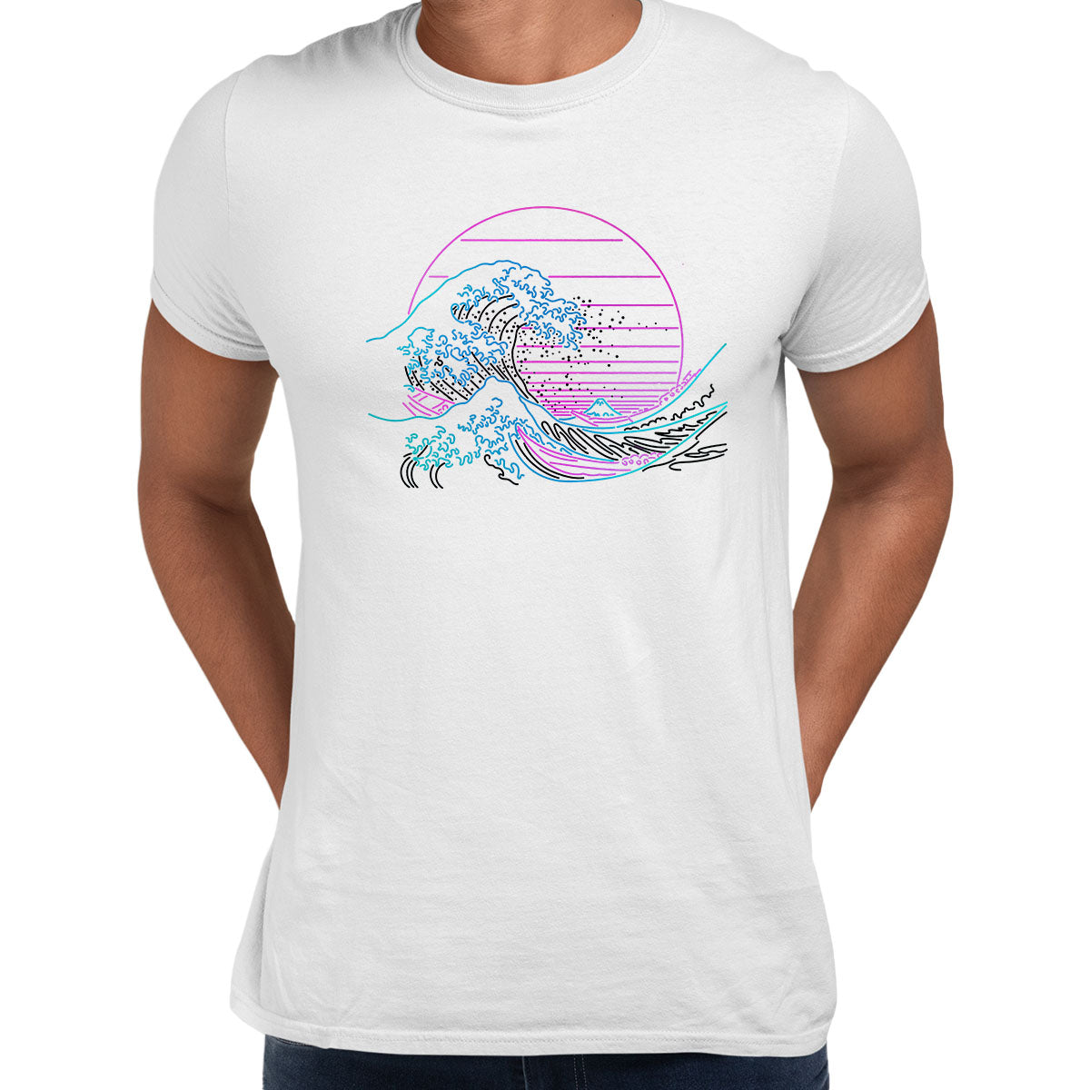 Japan art The Great Wave off Kanagawa Retro Neon Cyberpunk Crew Neck Typography Unisex T-shirt - Kuzi Tees