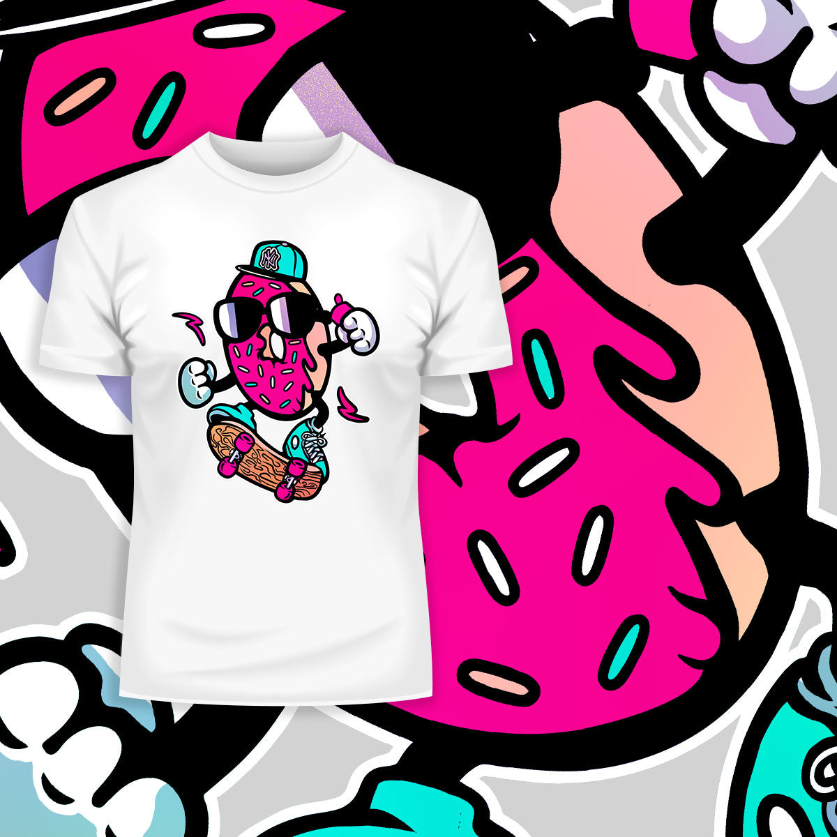 Old School Donut Skate Nostalgia 80's Shirt White Black & Grey Tee - Kuzi Tees