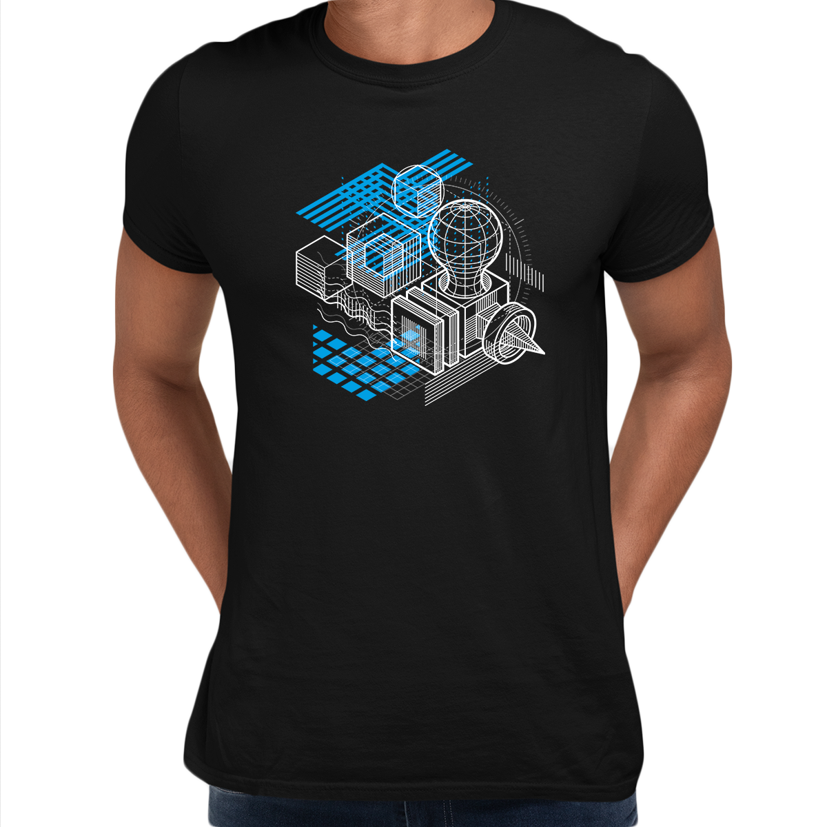 Isometric Elements Shapes Unique Crew Neck White T-Shirt Design - Kuzi Tees