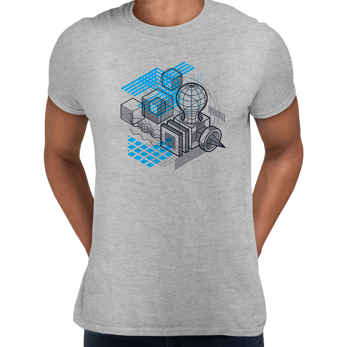 Isometric Elements Shapes Unique Crew Neck White T-Shirt Design - Kuzi Tees