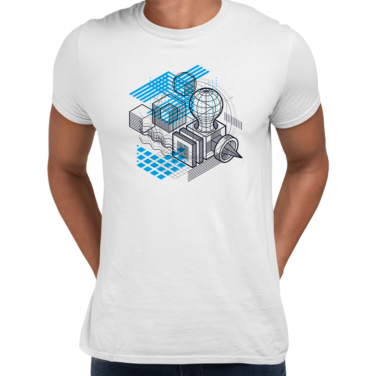 Isometric Elements Shapes Unique Crew Neck White T-Shirt Design - Kuzi Tees