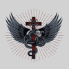 Snake with wings wrapped around a cross with pentagram - Kuzi Tees