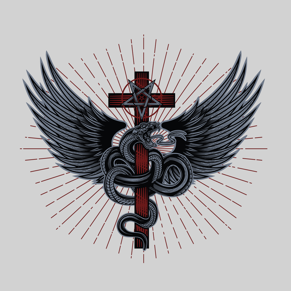 Snake with wings wrapped around a cross with pentagram - Kuzi Tees