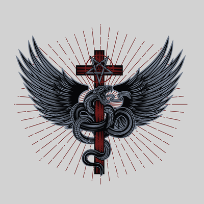 Snake with wings wrapped around a cross with pentagram - Kuzi Tees