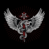 Snake with wings wrapped around a cross with pentagram - Kuzi Tees