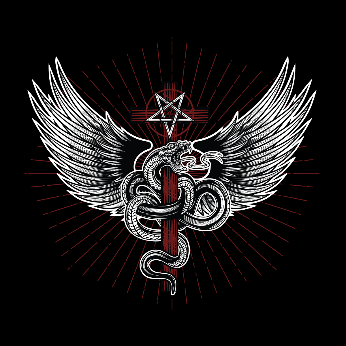 Snake with wings wrapped around a cross with pentagram - Kuzi Tees