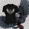 Snake with wings wrapped around a cross with pentagram - Kuzi Tees