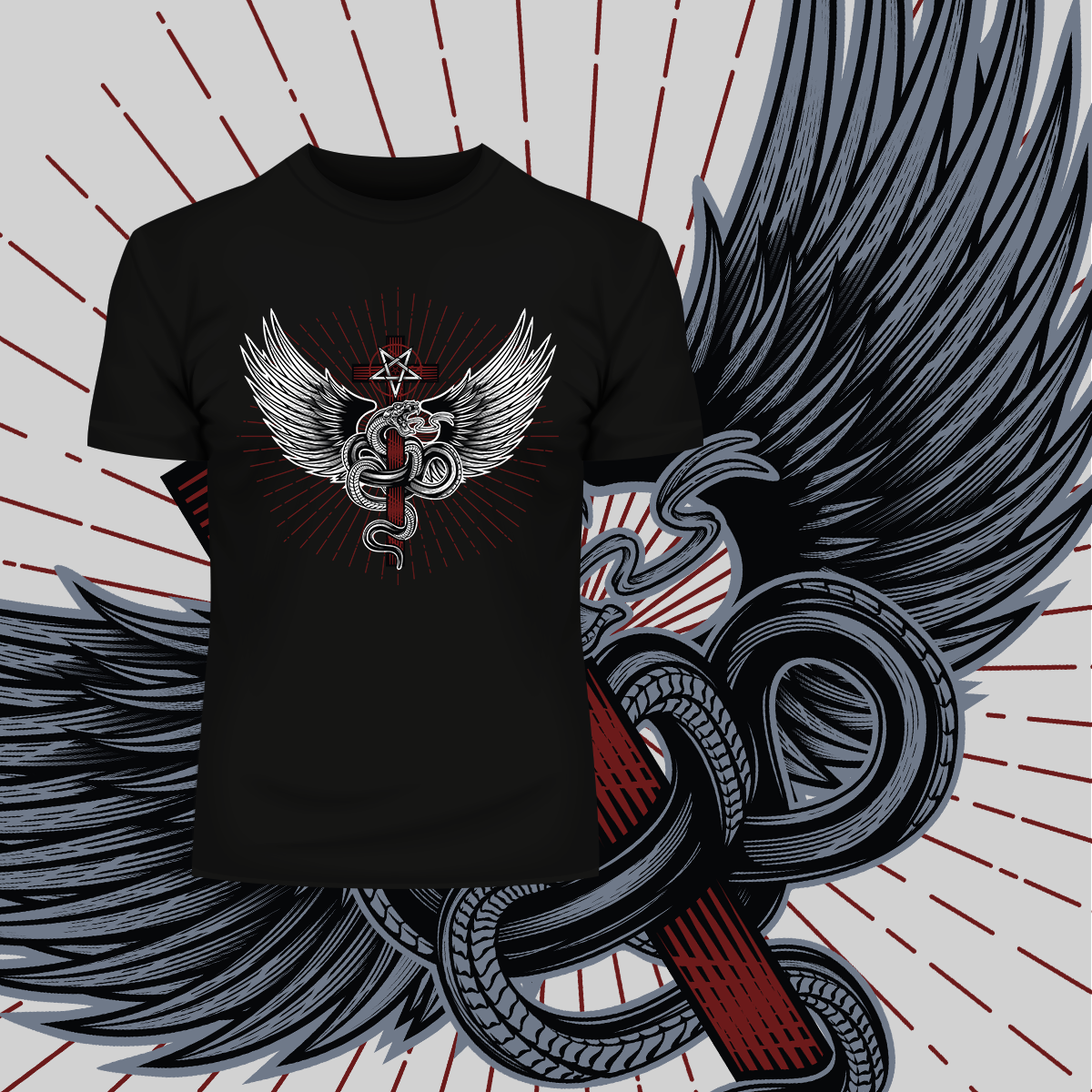 Snake with wings wrapped around a cross with pentagram - Kuzi Tees