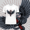 Snake with wings wrapped around a cross with pentagram - Kuzi Tees