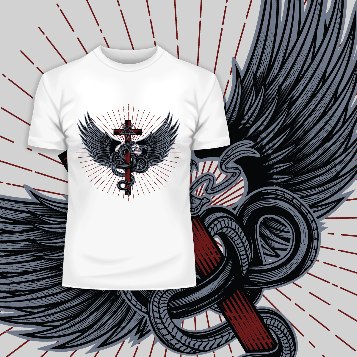 Snake with wings wrapped around a cross with pentagram - Kuzi Tees