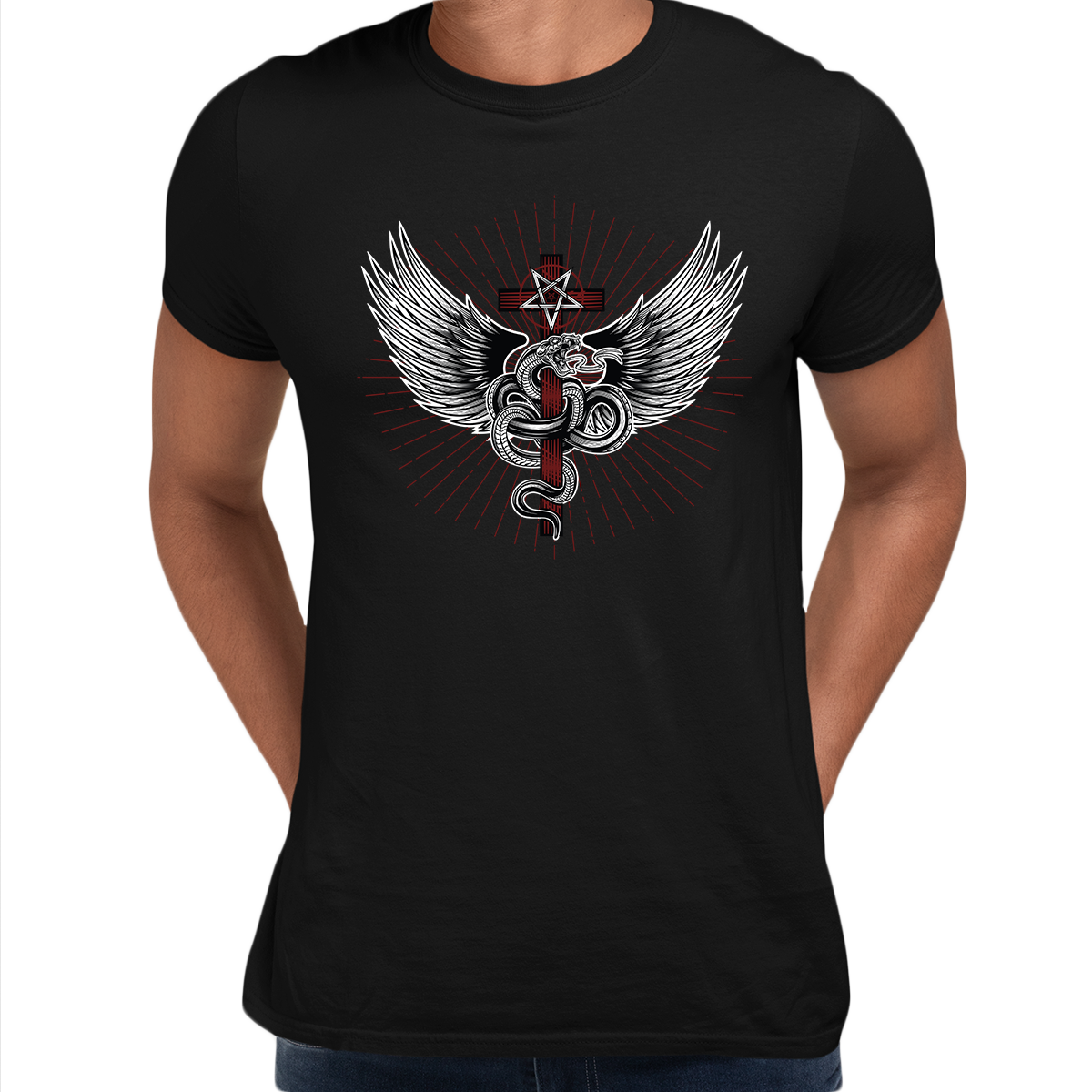 Snake with wings wrapped around a cross with pentagram - Kuzi Tees