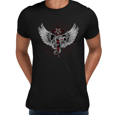 Snake with wings wrapped around a cross with pentagram - Kuzi Tees