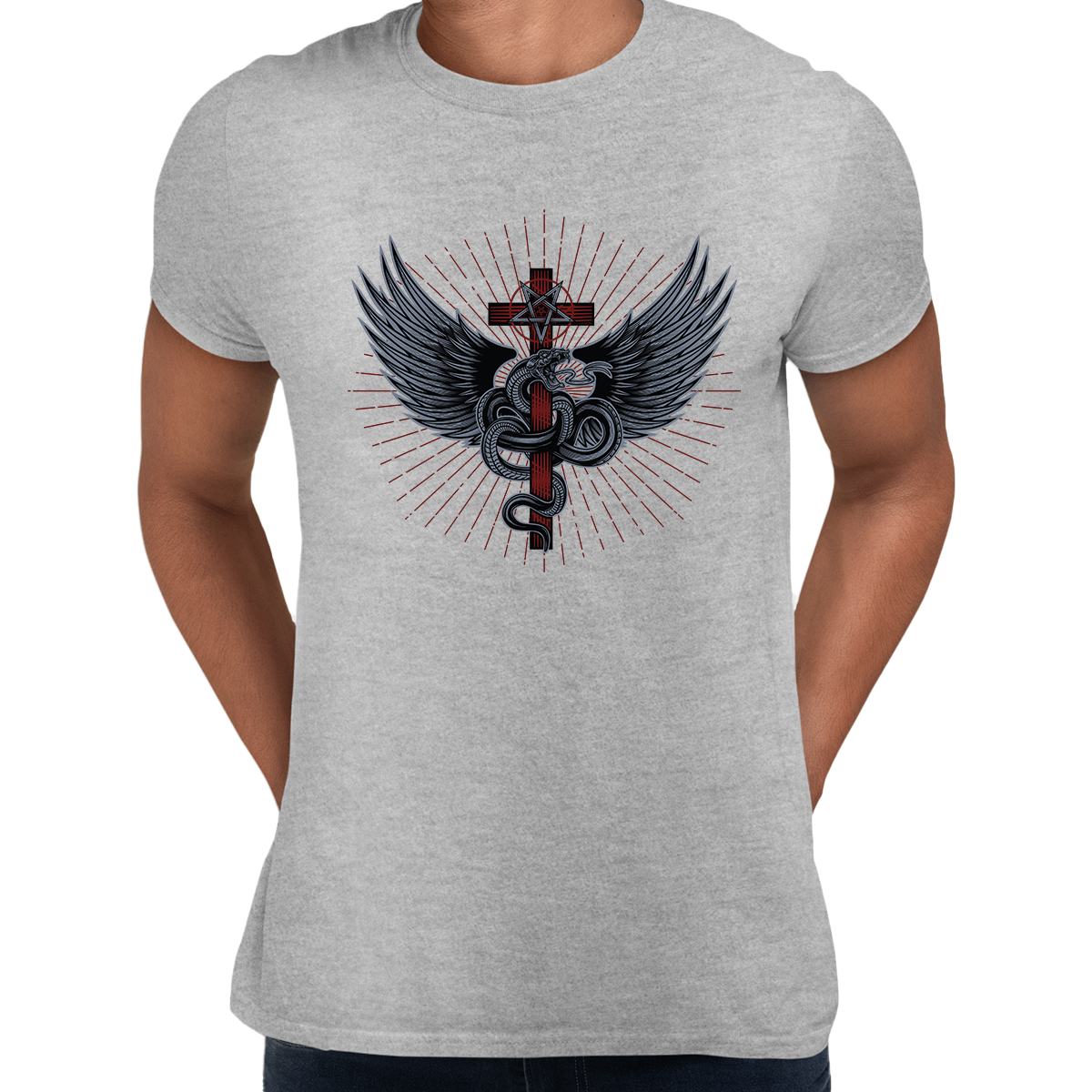 Snake with wings wrapped around a cross with pentagram - Kuzi Tees